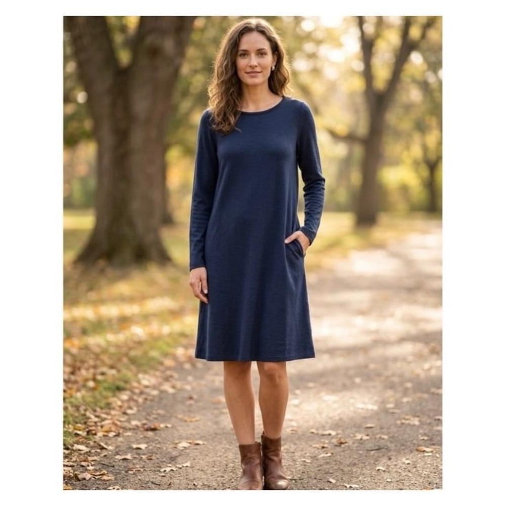 Wool& Rowena Swing Dress Navy Blue Merino Wool Long Sleeve Midi pockets medium